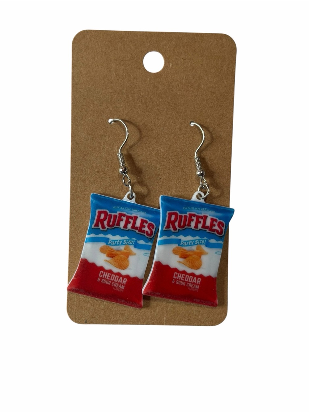 Novelty Cheddar Chips Snack Bag Dangle Earrings in Blue & Red
